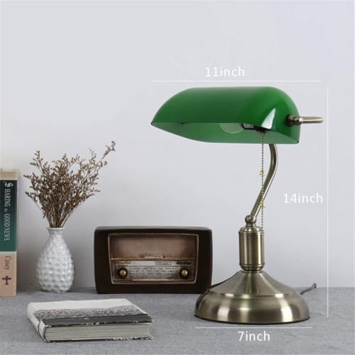 Image of HDC Premium Banker Lamp Antique Style Emerald Green Glass Desk Light Fixture Metal Beaded Pull Cord Switch Attached Golden Shade Attractive Table Lamp for Bedroom, Office Library Study Room