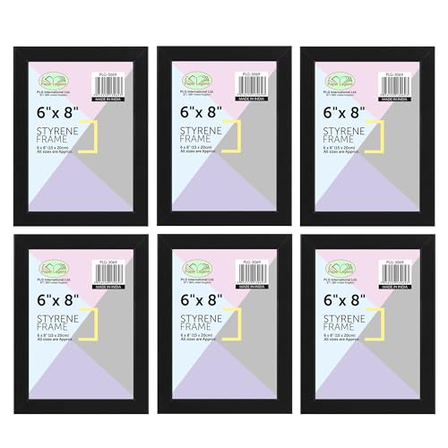 Pack Of 6-6" x 8" Inch Picture Frame with Styrene Window | Freestanding Wall Mount or Table Top Lightweight Frame with Hanging Hooks For Home & Office Wall Decor - Black