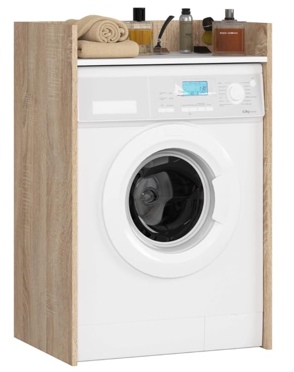 BDW Armario para Lavadora y Secadora, 97,5 x 64 x 50 cm, Mueble de Baño Alto (Roble Sonoma/Blanco)