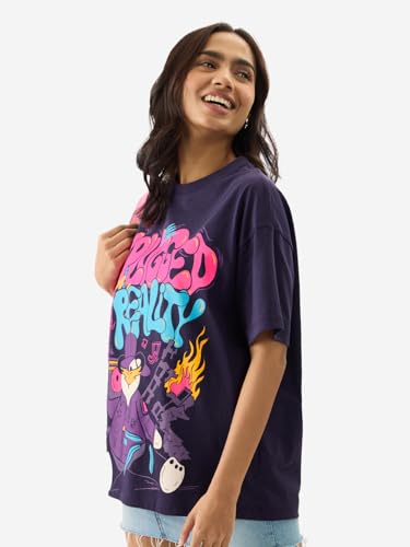 Image of The Souled Store Unplugged from Reality Women and Girls Short Sleeve Round Neck Purple Graphic Printed Cotton Oversized T-Shirts