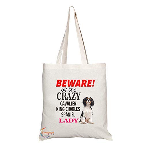 Coralgraph TB528 BEWARE! of the CRAZY CAVALIER KING CHARLES SPANIEL LADY Novelty Present Gift Printed Eco-Friendly Stylish Long Handled Tote Shoulder Bag