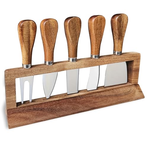 Linwnil 5-Piece Wood Cheese Knife Set with Wood Knife Block for Charcuterie Board,Charcuterie Boards Accessories Charcuterie Utensils Tools (DJ-2)