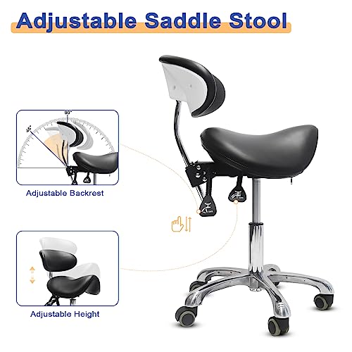 Limkomes Saddle Stool With Back Support Ergonomic Adjustable Stool Swivel Rolling Saddle Stool Salon Chair Hydraulic Lifting Saddle Stool For Office Spa #TOP2