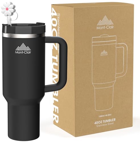 Mont-Clair Tumbler 40oz - Mug Isotherme avec Paille Couvercle Poignée - Gourde boissons chaudes et froides - Froid pendant 10 heures - Glacé pendant 48 heures - 1200ml - Noir