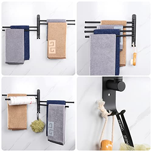 NearMoon Swivel Towel Rack, 13.8" Thicken 304 Stainless Steel 4-Arm Towel Bar, Space Saving Wall Mounted Towel Holder with Hook, Rustproof Swing Out Towel Hanger for Bathroom, Kitchen (Matte Black) by NearMoon - Image 5