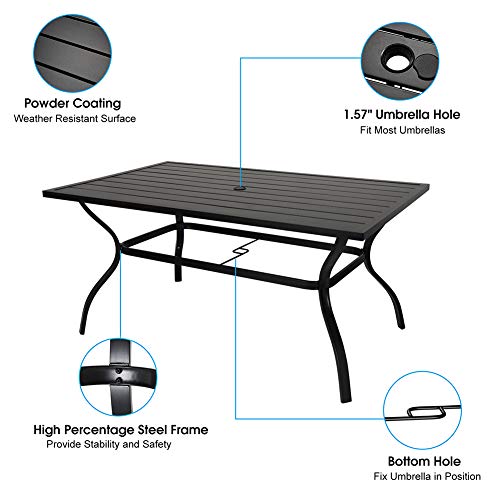 EMERIT Outdoor Patio Dining Table 60x38 Inch Rectangular Metal Slatted Table with Umbrella Hole