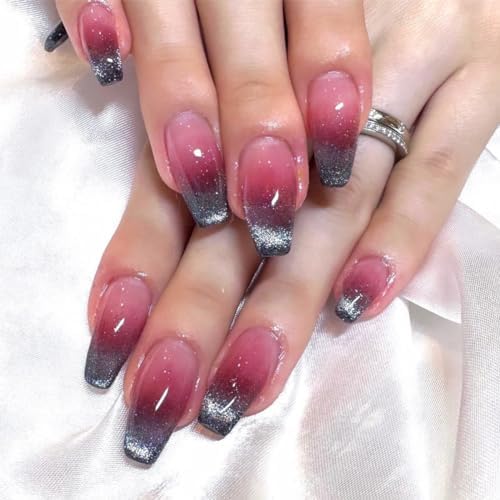 JUSTOTRY 24 Pcs Square Fake Nails Medium, Blue and Green French Press on Nails Patterns, Ballerina Stick on Nails for Women, Acrylic False Nails Coffin with Glue for Nail Art
