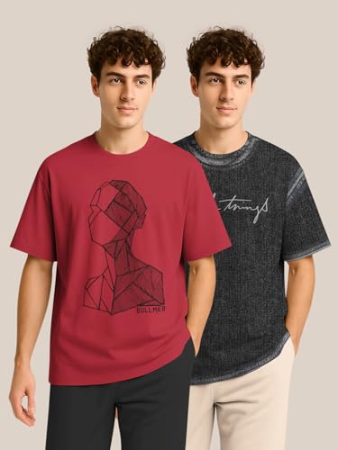 Image of BULLMER Trendy Half Sleeve Oversized Cotton Blend Crew Neck Tshirt for Men - Pack of 2