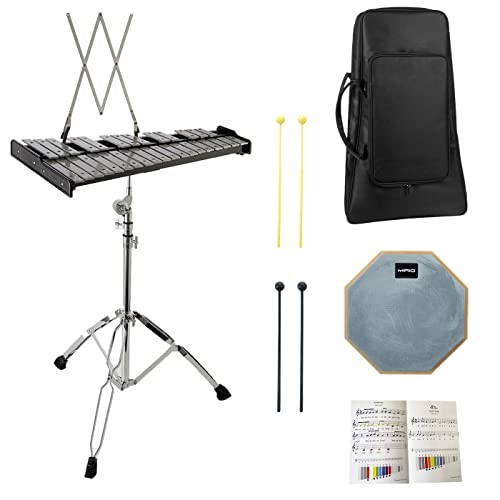 MIRIO 32 Notes Glockenspiel with Adjustable Stand, Percussion Bell Kit for Adult, Full Size Glockenspiel Instrument w/ 8 Inch Drum Practice Pad, Mallets, and Carring Case (Silver)
