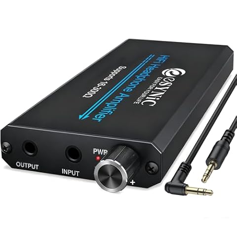 eSynic Przenośny wzmacniacz słuchawkowy HiFi 3,5 mm uchwyt audio 16-300Ω z dwustopniowym przełącznikiem wzmocnienia Kabel USB i aluminiowa obudowa do telefonów MP3 MP4