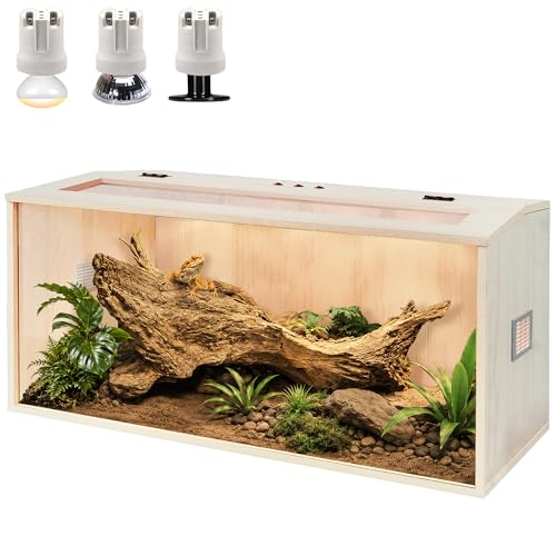 Image of PROLEE Bearded Dragon Tank,Wooden Reptile Tank and Lizard Tank,Tempered Glass Large Bearded Dragon Enclosure with Built-in Lamp Fixture (40X20X20inch,65 Gallons)