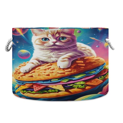 Round Space White Cat Taco Storage Basket Large Organizer Bin Laundry Hamper Toy Storage Basket with Handle for Nursery Clothes Toys 202b4753