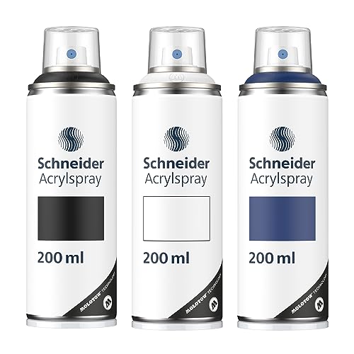 Schneider Paint-It 030 Supreme DIY Acryllack 3er Set (hochdeckende Sprühfarbe, UV-beständig, 200 ml, Acrylspray für fast alle Untergründe) schwarz/weiß/midnight blue