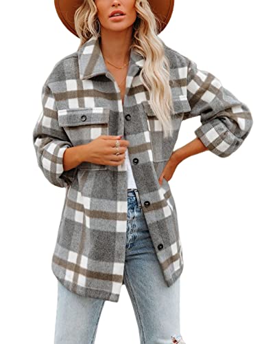 Uaneo Womens Casual Wool Blend Button Down Plaid Shacket Flannel Shirt Jacket Coat (Grey-S)