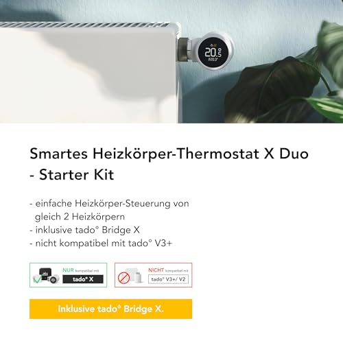 tado&deg; Smartes Heizk&ouml;rperthermostat X - Starter Kit mit Bridge X, Heizungssteuerung per App und Smart Speaker (Alexa, Siri, Google Assistant), Energie sparen, DIY Installation