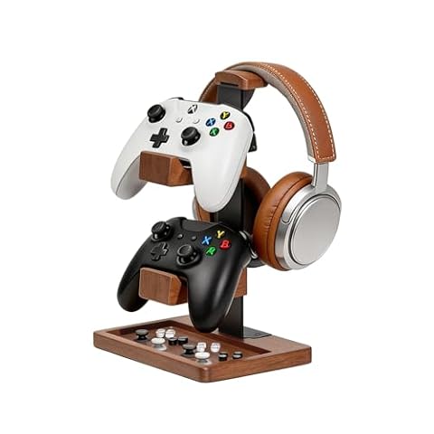 Acidea Uchwyt na kontroler z litego drewna i stojak na słuchawki, podwójny stojak na kontroler do gier, organizer na sprzęt do gier, stojak na Xbox, PS4, PS5, gamepad, uchwyt na słuchawki gracza