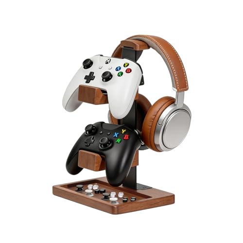 Acidea Uchwyt na kontroler z litego drewna i stojak na słuchawki, podwójny stojak na kontroler do gier, organizer na sprzęt do gier, stojak na Xbox, PS4, PS5, gamepad, uchwyt na słuchawki gracza