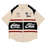 Aelfric Eden Men's Vintage Oversized Shirts Unisex Streetwear Patchwork Casual Short-Sleeve Beige