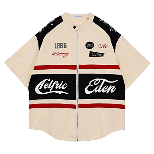 Aelfric Eden Men's Vintage Oversized Shirts Unisex Streetwear Patchwork Casual Short-Sleeve Beige