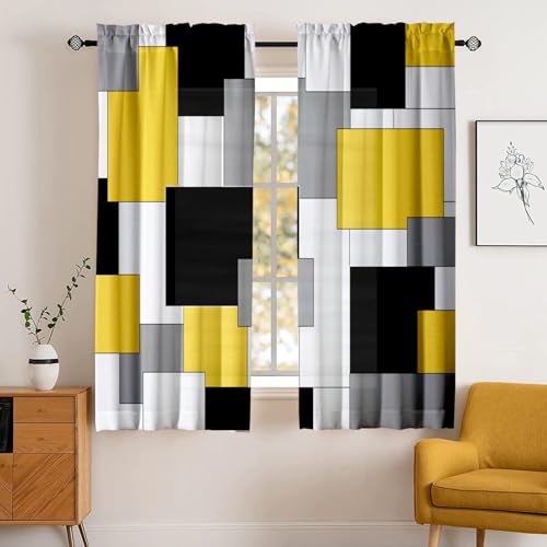 Yellow and Black Geometry Curtains Length Room Modern 42W x