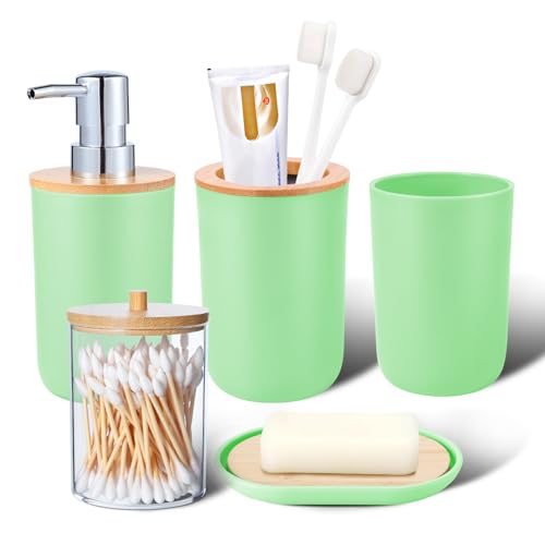 iMucci Bathroom Accessories Set 5Piece Green Bathroom Sets, Toothbrush Holder, Toothbrush Cup, Soap Dispenser, Soap Dish and Qtip Holder Bathroom Decor
