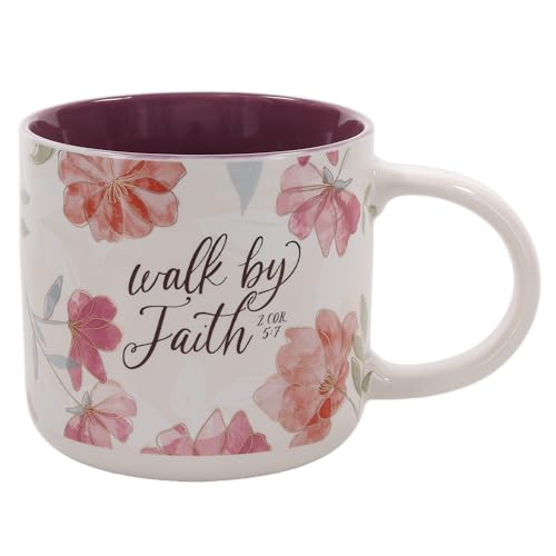 Image of Christian Art Gifts Inspirational Scripture Ceramic Coffee & Tea Mug for Women: Walk by Faith Encouraging Bible Verse, Shiny Foil Accents, Sturdy Handle, White & Pink Multicolor Floral, 14 oz.