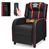 GLOBALWAY Gaming Recliner, Movie Theater Chair w/Adjustable Backrest &amp; Footrest, Massage Lumbar Pillow, Racing Single Sofa, PU Leather Reclining Chair for Gaming Room, Home Theater (Red)
