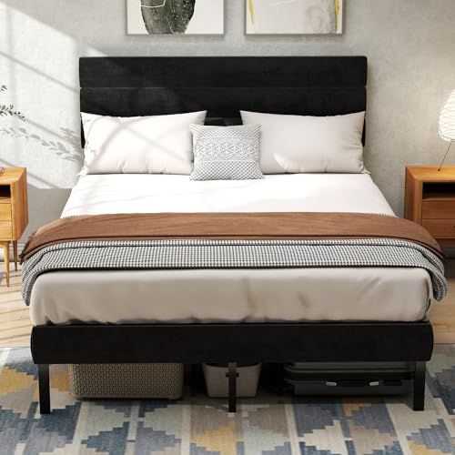 RVONOW Full Bed Frame with Linen Upholstered Headboard, Metal Platform Bed Frame Full Size with 14