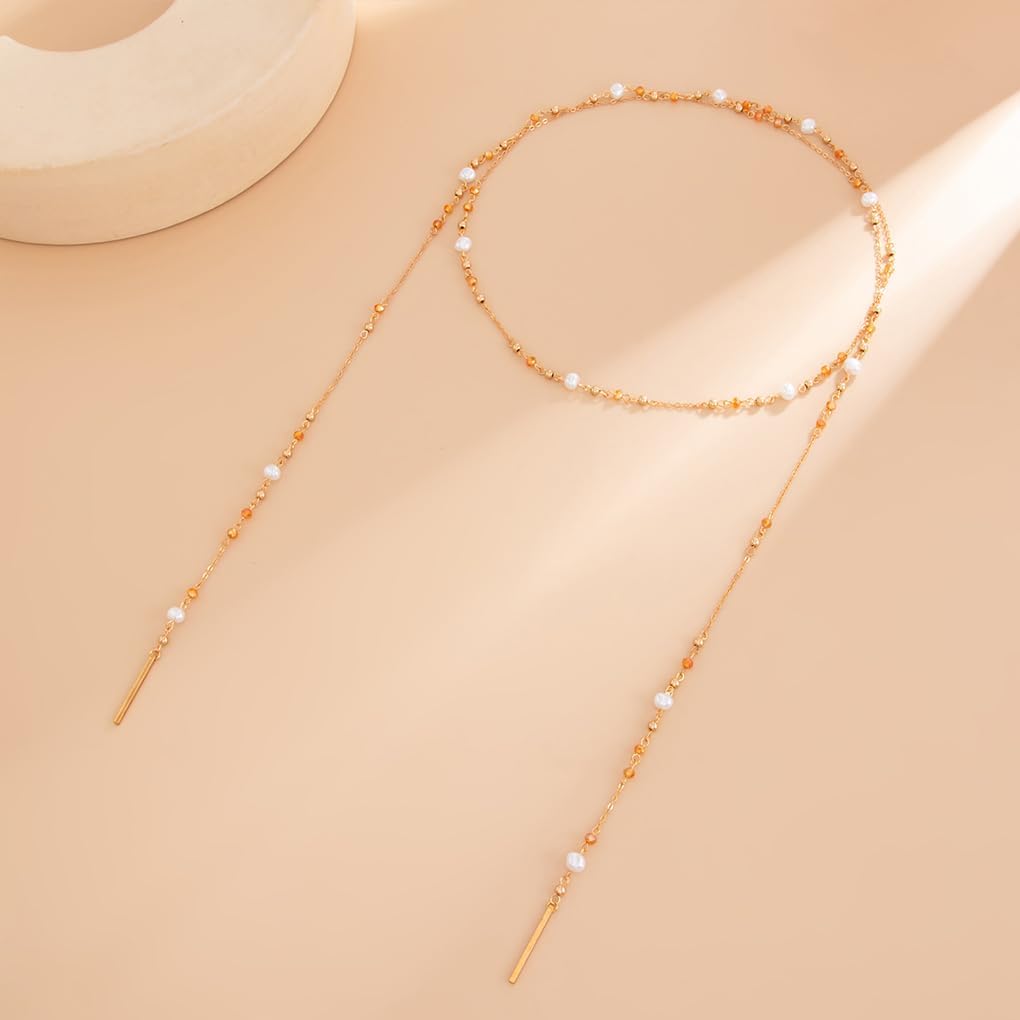 Boho Gold Pearl Long Necklace for Women,Dainty Beaded Flower Layered Statement Necklaces,Spring Outfit Jewelry Accessories Christmas Gift - Image 2