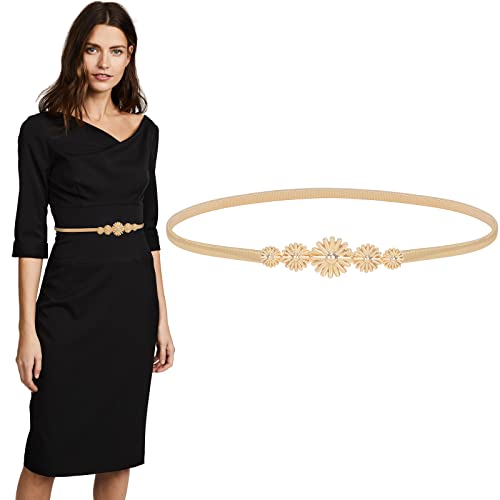 Werforu Ladies Skinny Metal Elastic Chain Belt Thin Gold Silver Stretch Spring Waist Belt For Dress, C-Gold, Fit Waist Size 25-29 Inches #TOP12