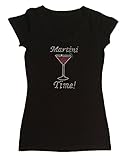 Women's Rhinestone Fitted Tight Snug Shirt Martini Time (Black Cap Sleeve, 2X)