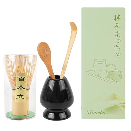 voocye 茶筅 百本立 茶せん 茶道具 4点セット 抹茶 粉末 泡立て器 お点前セット 茶筅立て 茶杓 茶さじ 抹茶泡立て器セット 茶道ツール 茶道用 (ブラック)の商品画像（Amazon）