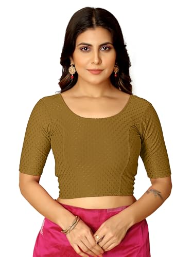 Image of Amazon Brand - Anarva Round Neck Dobby Cotton Lycra Stretchable Elbow Half Sleeve Readymade Saree Blouse for Women Stylish