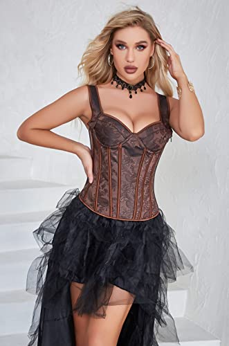 Moessa Women's Gothic Jacquard Shoulder Straps Tank Overbust Corset Bustiers 913-Brown-S - Image 3
