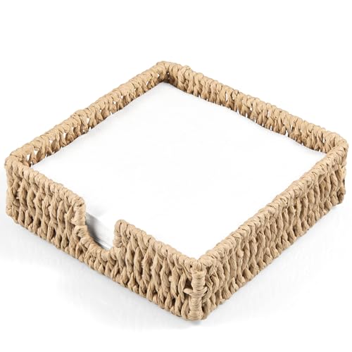 Napkin Holder for Table, Woven Paper Rope Napkin Holders For Paper Napkins, Wicker Napkin Holders for Kitchen Dinner Table Boho Decor and Accessories, Square Napkin Basket and Serving Tray