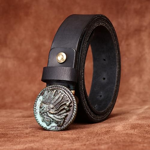 Distressed Belt for Men Women,3.3cm Full Grain Real Solid Leather Strap Engraved Native Indian Head Round Buckle(110cm/43, Black)4