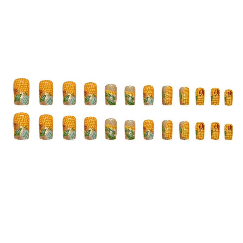 Miniatura 2 de Uñas postizas cuadradas a presión, uñas postizas cortas con purpurina dorada, uñas acrílicas de longitud media con diseño de patrón de maíz, uñas