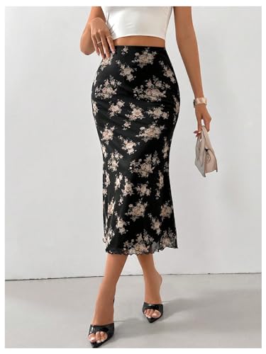 Verdusa Women's Floral Print Mesh Midi Skirt Boho High Waisted Bodycon Summer Skirts4