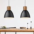 ELYONA 2 Pack Hammered Pendant Lights, 10.2” Industrial Metal Solid Wood Hanging Lamp, Modern Island Pendant Light Fixtures for Kitchen Bar, Farmhouse Dining Room, Bedroom, Living Room, Office, Black