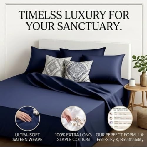 Image of Egyptian Cotton Feel Double Size Flat Bedsheet with 2 Pillow Covers | 800 TC Soft & Breathable | Navy Blue Solid Pattern for Bedrooms and Hotels Use (Size: 60 x 100 Inch)