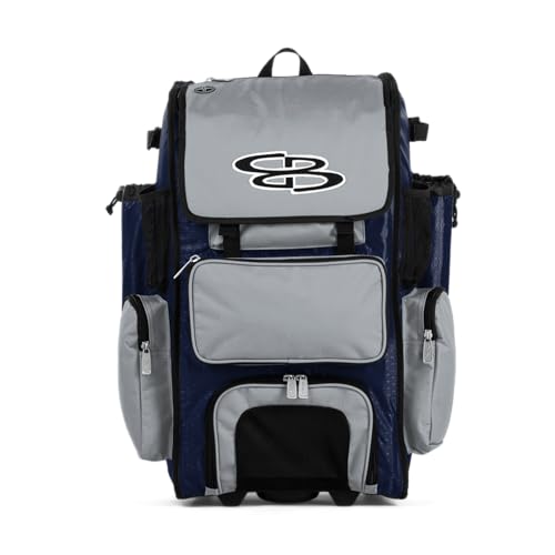 Boombah Rolling Superpack Baseball/Softball Gear Bag - 23-1/2" x 13-1/2" x 9-1/2" - BRSP2C23 Navy/Gray - Telescopic Handle - Holds 4 Bats - Wheeled Version