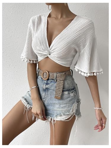 SweatyRocks Women's V Neck Crop Tops Twist Front Short Sleeve Shirts Vacation Beach Blouses4