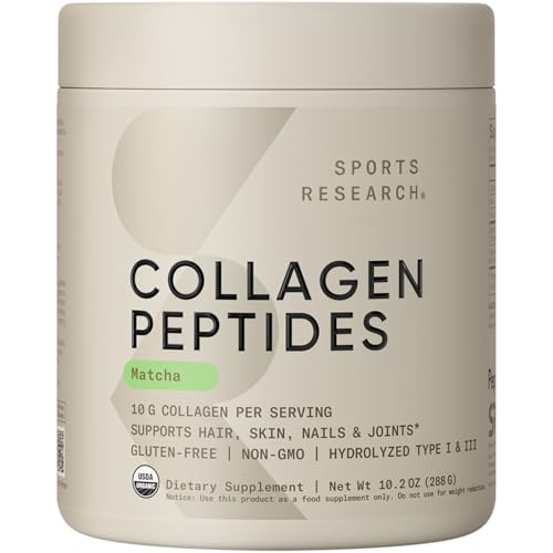Sports Research Premium Collagen Peptides Powder and Organic Matcha Green Tea - Collagen Powder Protein Supplement with Japanese Matcha and Amino Acids - Gluten Free, Non-GMO, Sugar Free