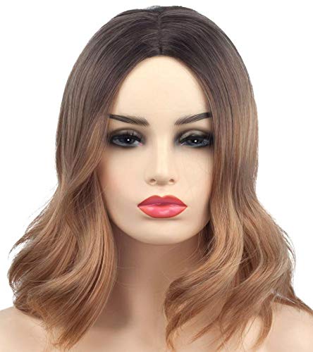 Fashion Short Bob Curly Wig Ombre Brown Synthetic Wig for Women Dark Roots to Brown Wavy Wig Heat Resistant with Middle Parting(Ombre Brown)