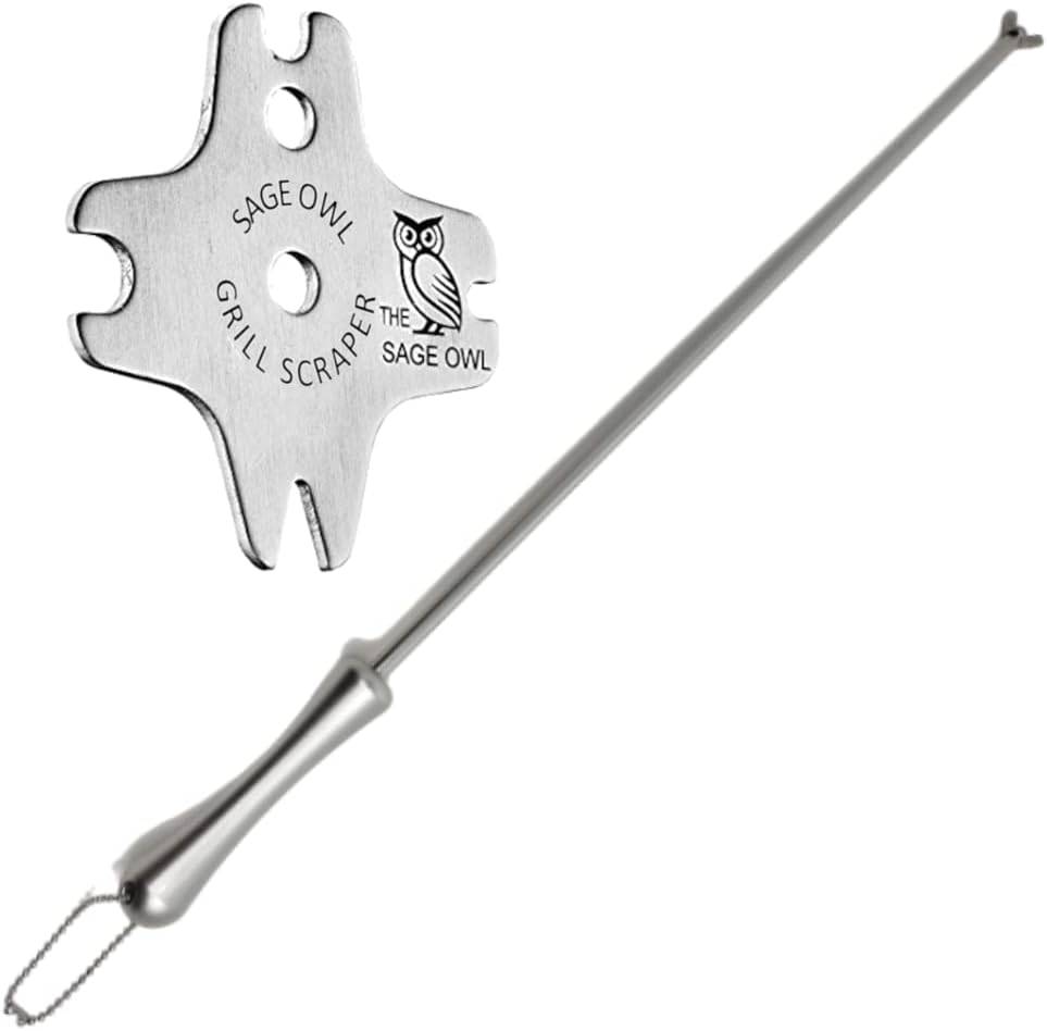 Sage Owl Bristle-Free Stainless Steel Standard BBQ Grill Scraper with 21.5’’ Handle - Safer Than a Wire Grill Brush for Outdoor Grills Barbecue Tools and Accessories - Gifts for Men