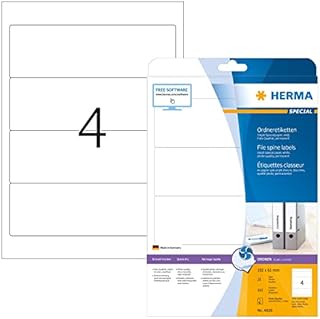 HERMA Self Adhesive Lever Arch File Labels, 4 Labels Per A4 Sheet, 100 Labels For Inkjet Printers, White, 192 x 61 mm (4826)