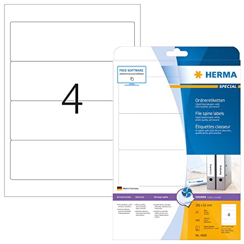 Herma Etichette Per Raccoglitori, 192 X 61 Mm, Etichette Adesive A4 Per Stampante, 4 Etichette Per Foglio, Bianco
