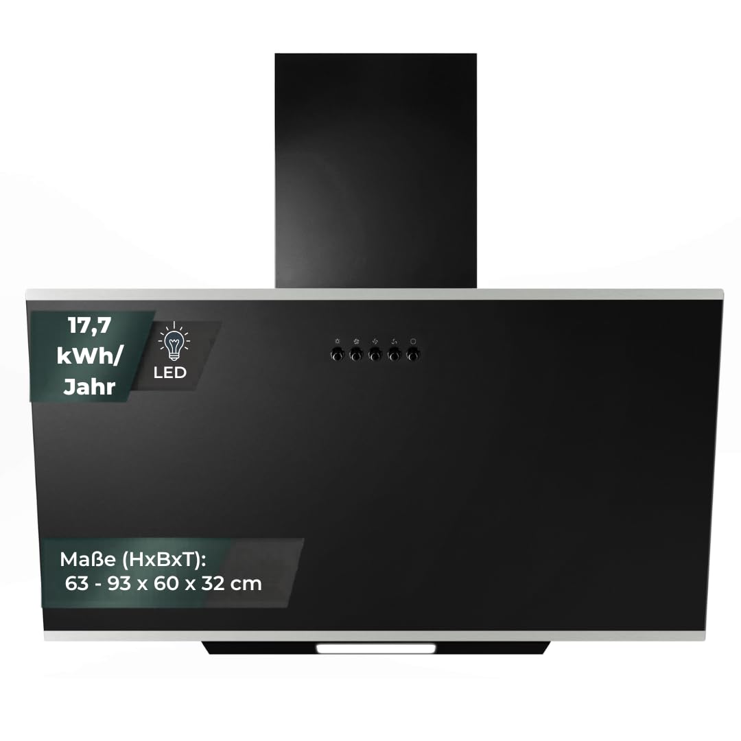 YUNA Dunstabzugshaube DUNJA 60 cm Schwarz Glasfront 3 Leistungsstufen 47W Motorleistung Energieeffizienz A Abluft Umluft Kopffrei LED Beleuchtung Ohne Kohlefilter Wandhaube