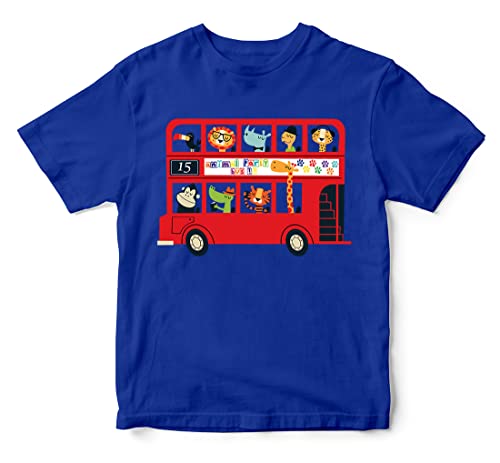 Image of Boys & Girls Cute Animals on The Red Double Decker London Bus Transport Theme 100% Cotton Unisex Kids T-Shirt