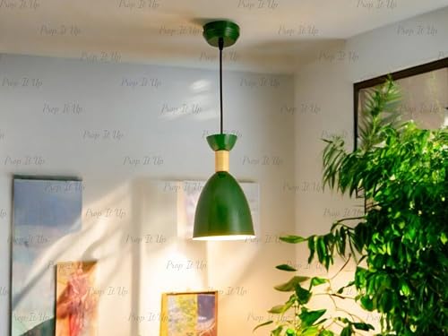 Image of Prop It Up Modern Pendant Light, Green Bell-Shaped Shade, Wooden Accent, Ceiling Mount, Without Bulb